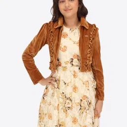 CUTECUMBER Girls Floral Printed Gathered A-Line Dress With Shrug-image-6