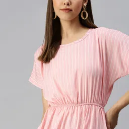 SHOWOFF Peach-Coloured & White Striped Extended Sleeves Fit & Flare Midi Dress-picture-19