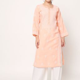 PARAMOUNT CHIKAN Women Peach-Coloured & White Embroidered Chikankari Cotton Straight Kurta-8