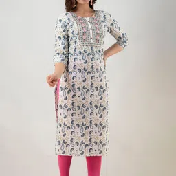FASHION DEPTH Women Grey Ethnic Motifs Printed Keyhole Neck Flared Sleeves Mirror Work Kurta-78