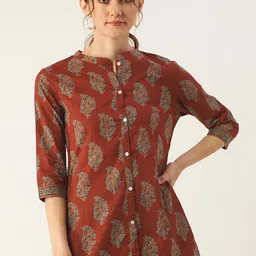 FABRIC FITOOR Maroon Print Mandarin Collar Shirt Style Top-picture-10