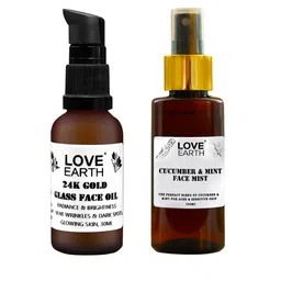 LOVE EARTH Set of Cucumber & Mint Face Mist Toner 100ml + 24K Gold Glass Face Oil 30ml-34
