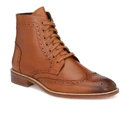 Delize Men Brown Perforations Lightweight Leather High Top Flat Boots-image-1