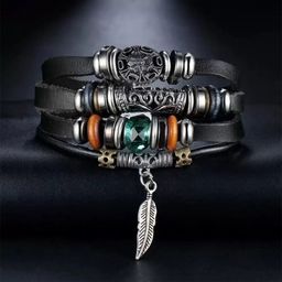 MEENAZ Unisex Leather Oxidised Silver-Plated Beaded Multistrand Bracelet-picture-37