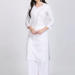 KHAKA Ethnic Motifs Embroidered Regular Mukaish Pure Cotton Straight Kurta with Palazzos-picture-1