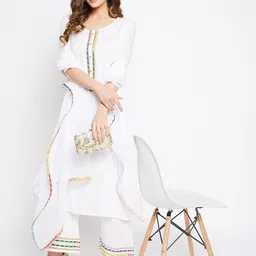 Bitterlime Women White Yoke Design Gotta Patti Kurta with Palazzos With Dupatta-picture-26