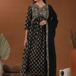 Inddus Floral Printed Thread Work A-Line Kurta With Palazzos & Dupatta-3