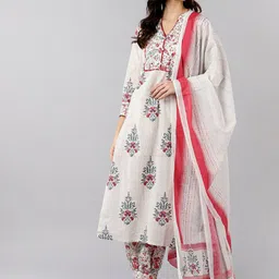 AHIKA Women Off White & Red Floral Printed Pure Cotton Kurti with Palazzos & With Dupatta-image-28