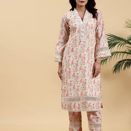 Libas Beige Floral Printed Lace Details Straight Kurta With Palazzos-picture-48
