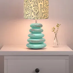 Homesake Algae Yellow & Blue Printed Wood Table Lamp With Savannah Shade LED Bulb-26