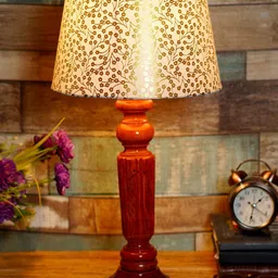 foziq Brown & Gold-Toned Printed Wooden Table Lamp-29