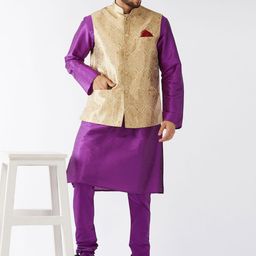 VASTRAMAY Woven Design Mandarin Collar Regular Kurta With Churidar & Nehru Jacket-12