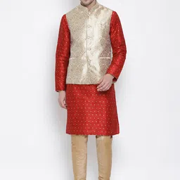 VASTRAMAY Geometric Woven Design Regular Kurta With Churidar & Nehru Jacket-3