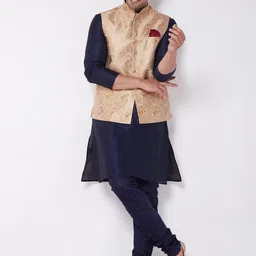 VASTRAMAY Mandarin Collar Regular Kurta With Dhoti Pants & Nehru Jacket-image-12