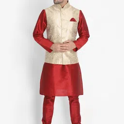 VASTRAMAY Woven Design Mandarin Collar Regular Kurta With Churidar & Nehru Jacket-13