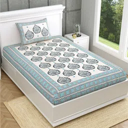 Salona Bichona Turquoise Blue & White 120 TC Single Bedsheet With 1 Pillow Cover-image-97