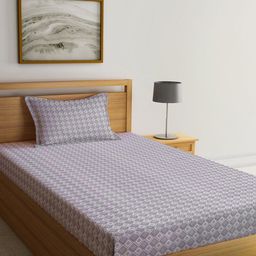 KLOTTHE Grey & White Geometric Printed 300TC Fitted Single Bedsheet & Pillow Cover-image-41
