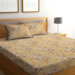 KLOTTHE Beige & White Floral Pure Cotton 400 TC King Bedsheet With 2 Pillow Covers-20