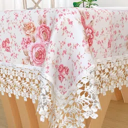 TANLOOMS White & Pink Floral Cotton Textured 2-Seater Table Cover-30