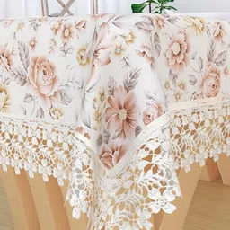 TANLOOMS Off White & Peach Coloured Floral Printed Jute Cotton 2-Seater Table Cover-16