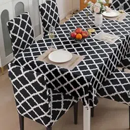 HOUSE OF QUIRK Black & White 5 Pieces Geometric Printed Table Cover With Chair Covers-22