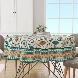 Astitva Green & White Lotus Printed Pure Cotton Round Shaped 4 Seater Table Cover-51