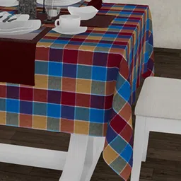 Lushomes Blue & Maroon Checked Pure Cotton 6 Seater Rectangle Table Cover-58