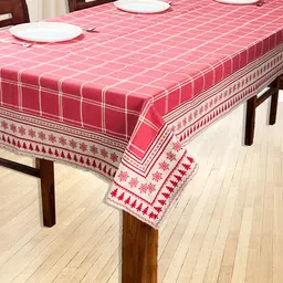 SHADES of LIFE Red & White Checked Pure Cotton 6-Seater Table Cover-42