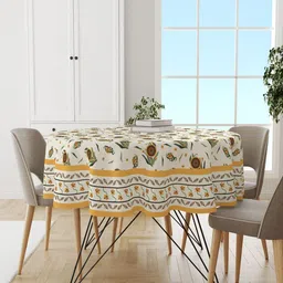 Astitva Cream Coloured Sunflower Printed 4 Seater Round Shape Cotton Table Cover-47