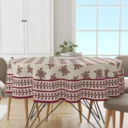 Astitva Maroon & Cream Coloured Floral Printed 4 Seater Round Shape Cotton Table Cover-22