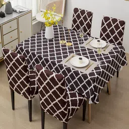 HOUSE OF QUIRK Brown & White 5 Pieces Geometric Printed Table Cover With Chair Covers-12