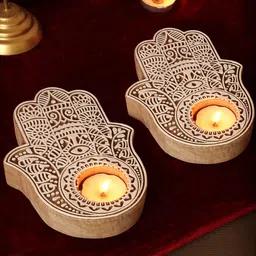 TIED RIBBONS Brown & White 2 Pieces Wooden Palm Shaped T-Light Candle Holders-51