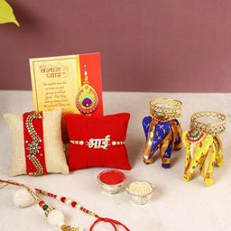 CraftVatika Set Of 4 Rakhi With Cotton Elephant Design Candle Holder-45