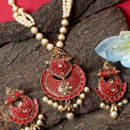 ANIKAS CREATION Gold-Plated Red Stone Studded Temple Jewellery Set-image-32