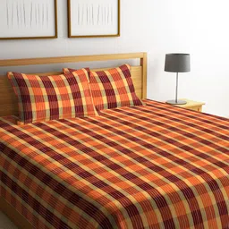 Arrabi Orange & Maroon Checked Handwoven Cotton Double King Size Bedcover & 2 Pillow Cover-image-29