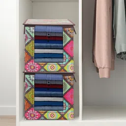 prettykrafts Set Of 9 Pink & Yellow Multichecks Printed Foldable Rectangle Shirt Stacker Organisers image 5