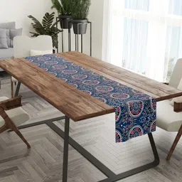 Tasseled Home Ajrak Blue & Pink Printed Velvet Rectangular Table Runner-39