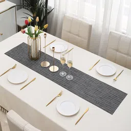 HOKIPO Grey & White Striped Rectangular Table Runner-5