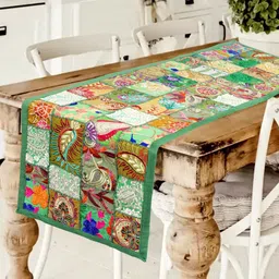 HANDICRAFT PALACE Green Cotton Khambadiya Patchwork Table Runner-10