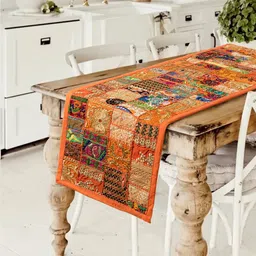 HANDICRAFT PALACE  Orange Printed Cotton Khambadiya Patchwork Table Runner-40