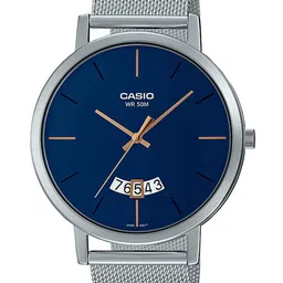 CASIO Men Blue Dial & Silver Toned Stainless Steel Bracelet Style Straps Analogue Watch-43
