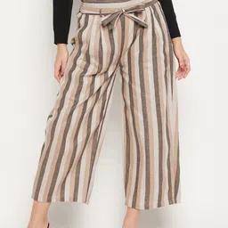 Bitterlime Women Striped Relaxed Flared Wrinkle Free Pleated Cotton Culottes-picture-0