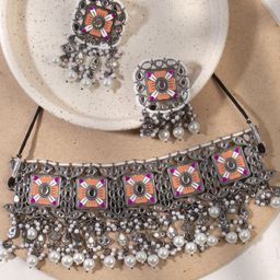 AccessHer Oxidized Silver-Plated Beige & White Mirror Enamelled Choker Jewellery Set-image-39