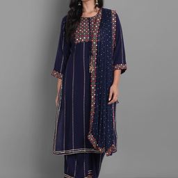 Ziva Fashion Women Navy Blue Ethnic Motifs Embroidered Kurta with Palazzo & Dupatta-picture-30