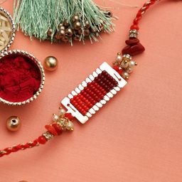 Aapno Rajasthan Red & Silver-Toned Beads with Uncut Coral Jeweled Rakhi Set-image-56