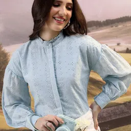 Tokyo Talkies Blue Self Design Mandarin Collar Puffed Sleeves Shirt Style Top-image-58
