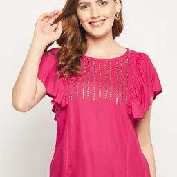 BAESD Embellished Flutter Sleeves Gathered Detailed Top-21