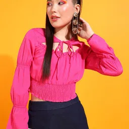 PRETTY LOVING THING Pink Tie-Up Neck Bell Sleeve Top-image-46