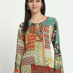 VELDRESS Print Tie-Up Neck Bell Sleeve Top-image-96