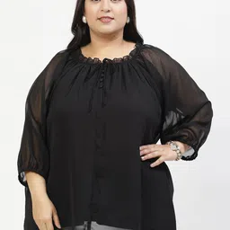 plusS Tie-Up Neck Puff Sleeve Top-picture-17